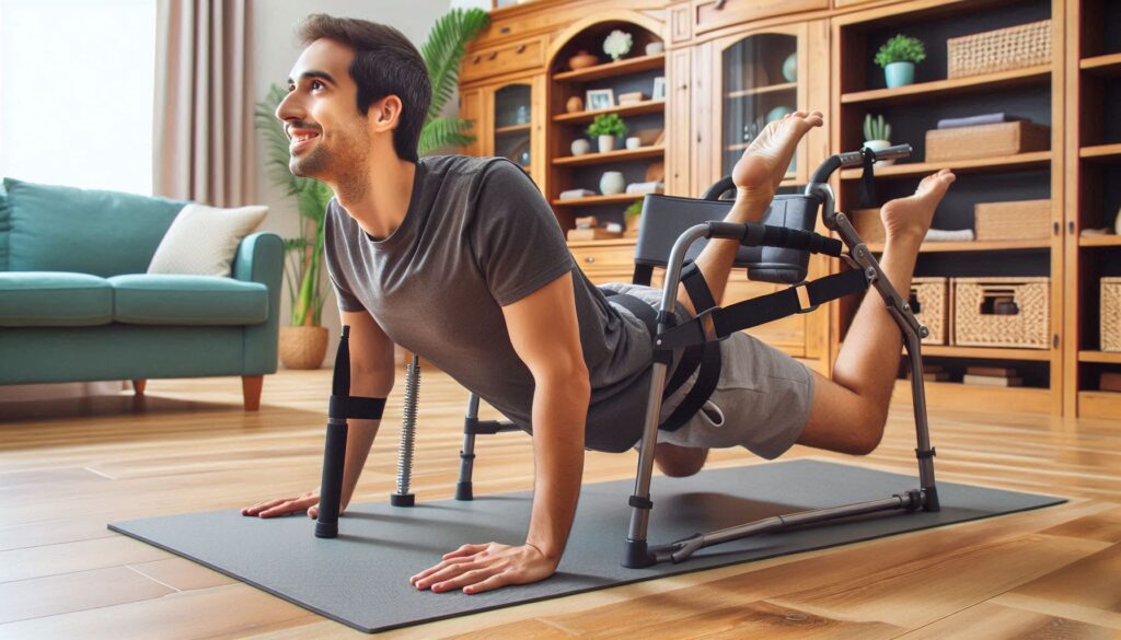 Beneficios del yoga y pilates adaptado para movilidad reducida Persona con movilidad reducida practicando una postura de yoga adaptada con apoyo