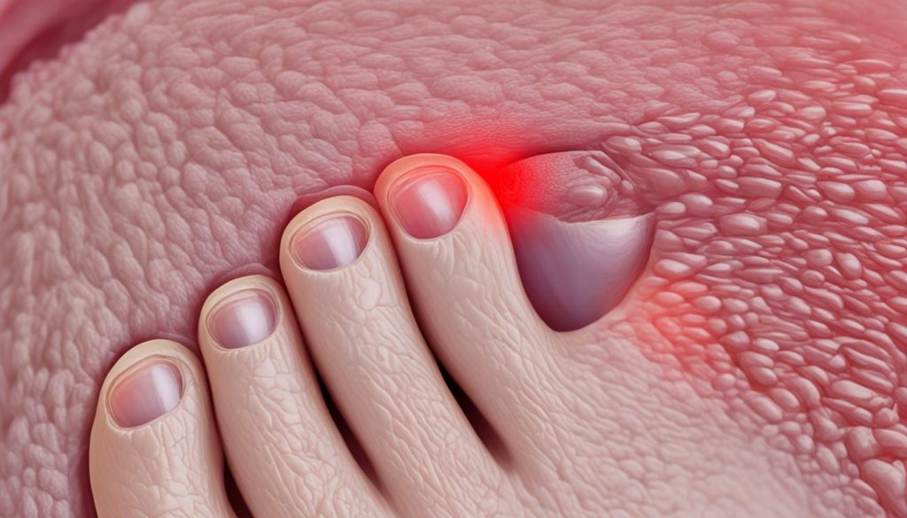 Síntomas comunes de los juanetes Pie mostrando los síntomas típicos de un juanete: inflamación, enrojecimiento y desviación del dedo